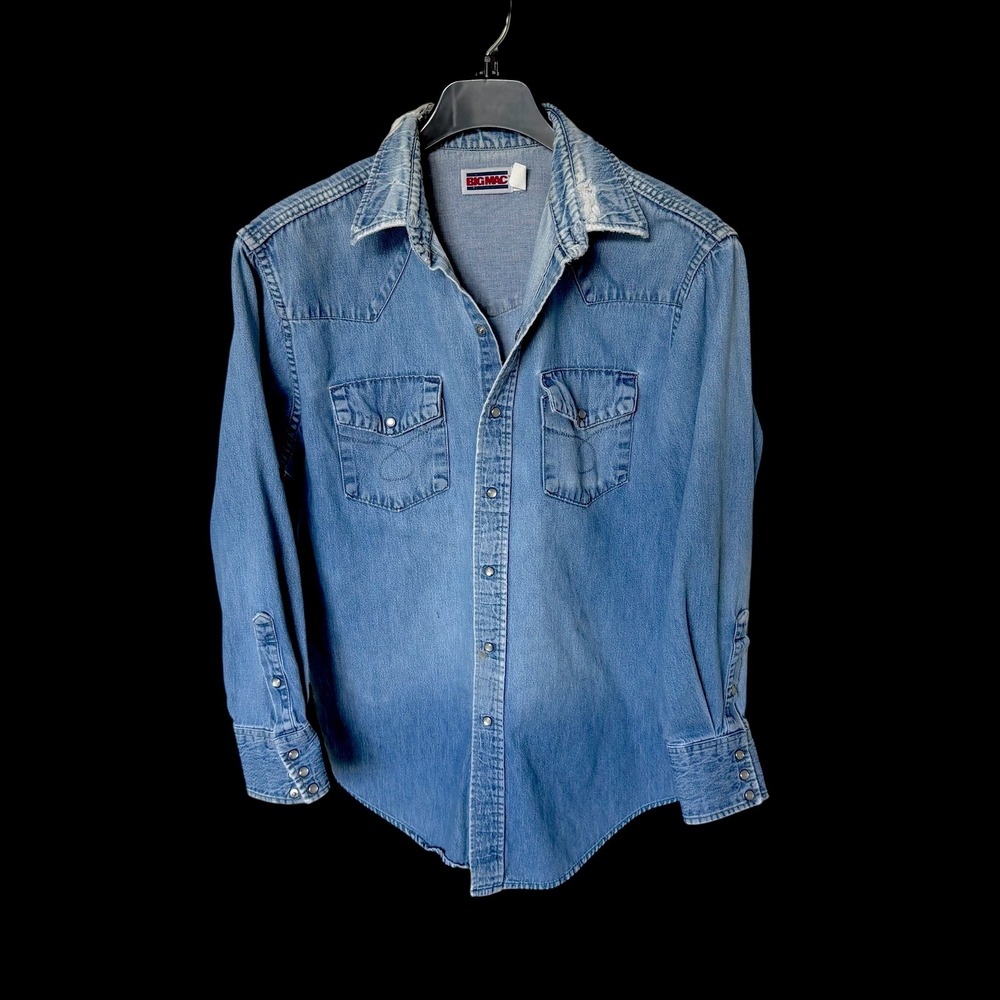 Vintage Big Mac Denim Western Shirt Medium Light Wash Pearl Snap Workwear